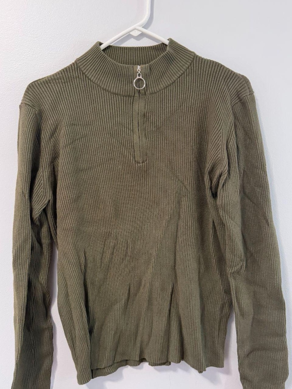Women's Olive Ribbed Quarter-Zip Sweater